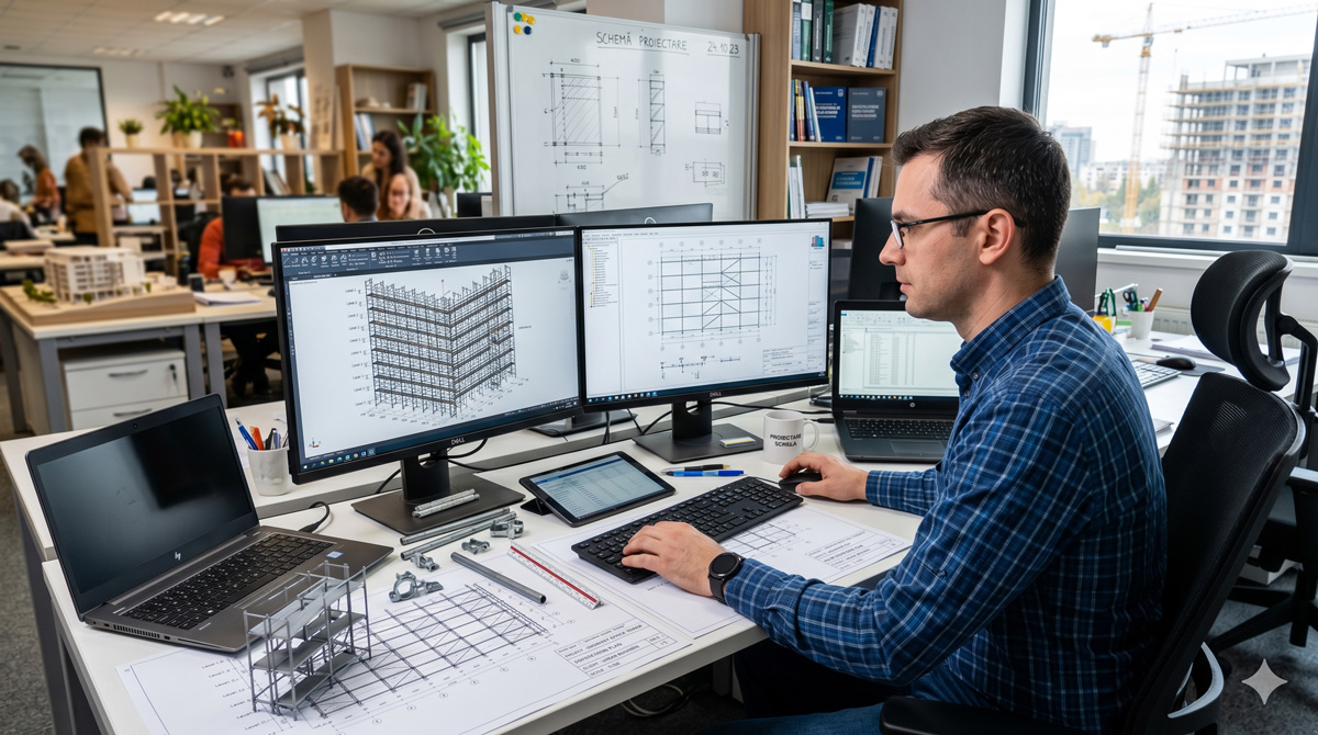 Proiectant analizând structura unei schele metalice pentru proiectare tehnică EGEA