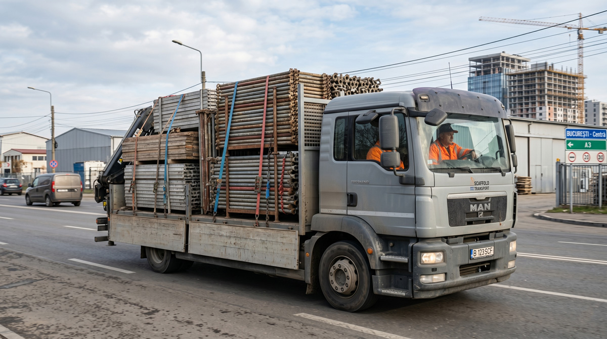 Vehicul EGEA transportând schele și echipamente metalice către șantier
